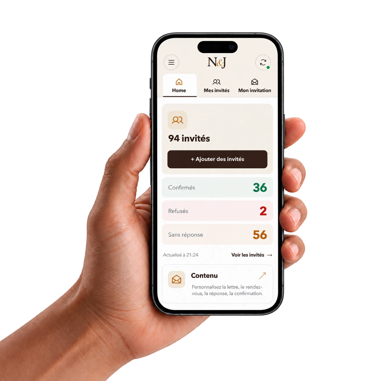 Votre espace de gestion des invités, présenté sur un téléphone en main